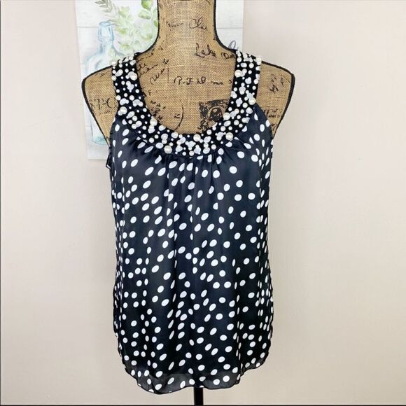 Signature by Larry Levine Sleeveless Top Pearl Embellished Polka Dot Black PM - Picture 1 of 10